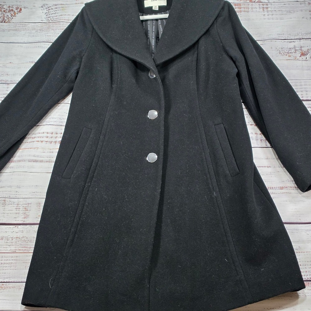 Anne Klein Wool Coat Women 12 Black Excellent Shawl Collar Cashmere Blend Lining
